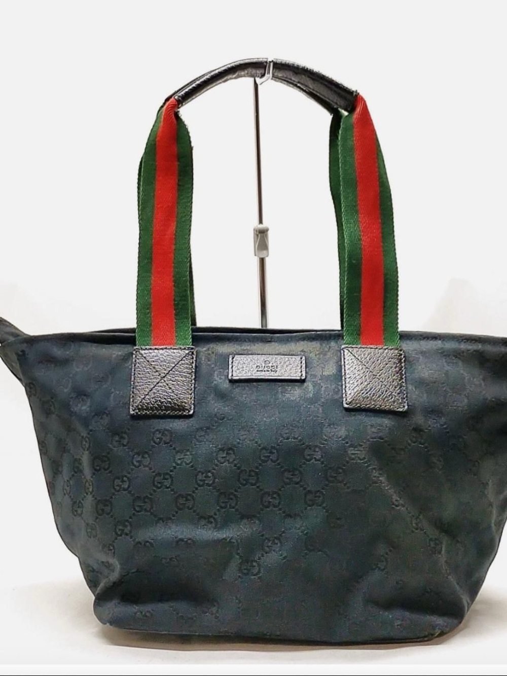 Vintage RARE Gucci Black GG Canvas Tote with Green-Red Striped Handles